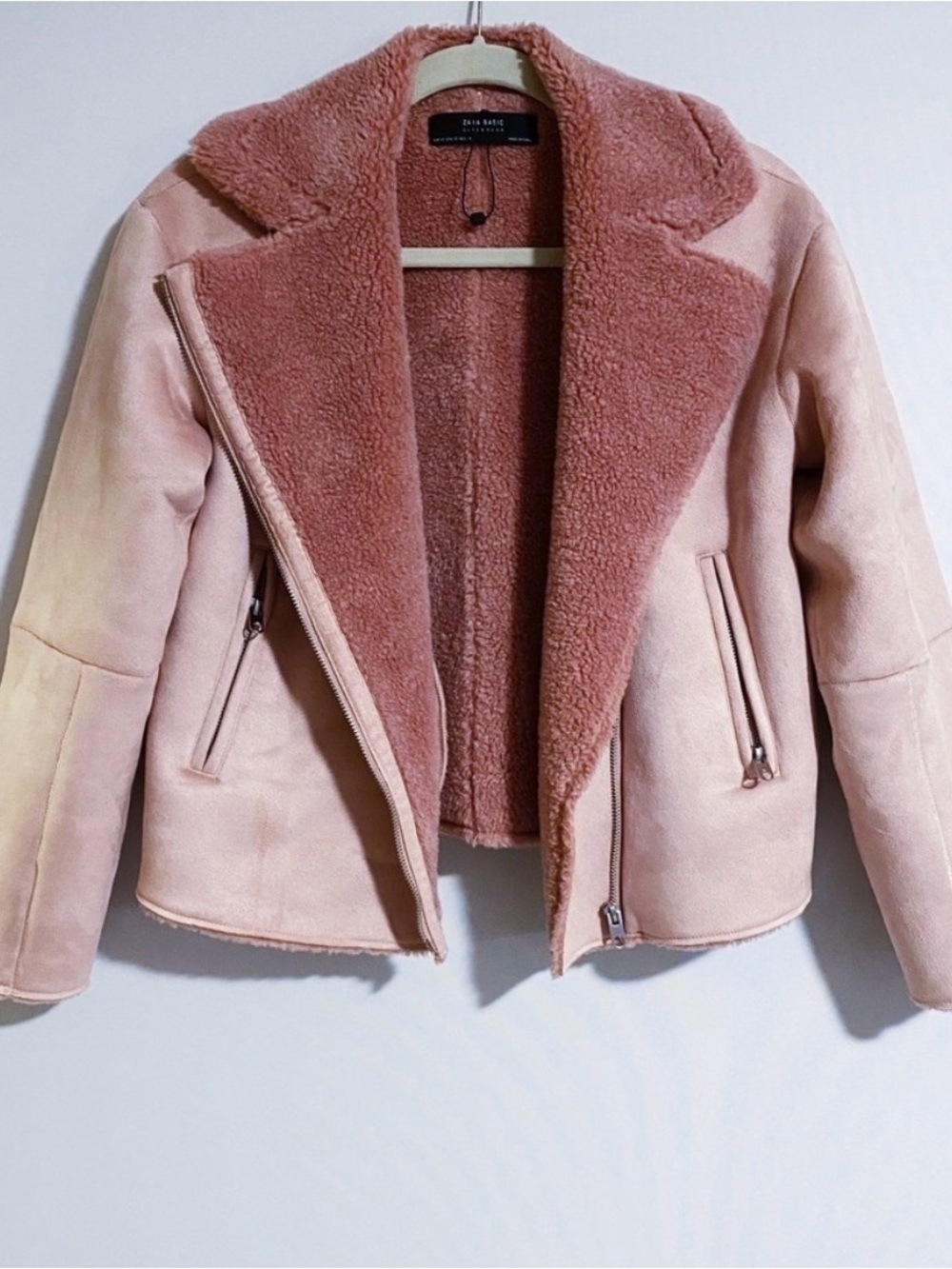 Zara Dusty Rose Faux Shearling Biker Jacket